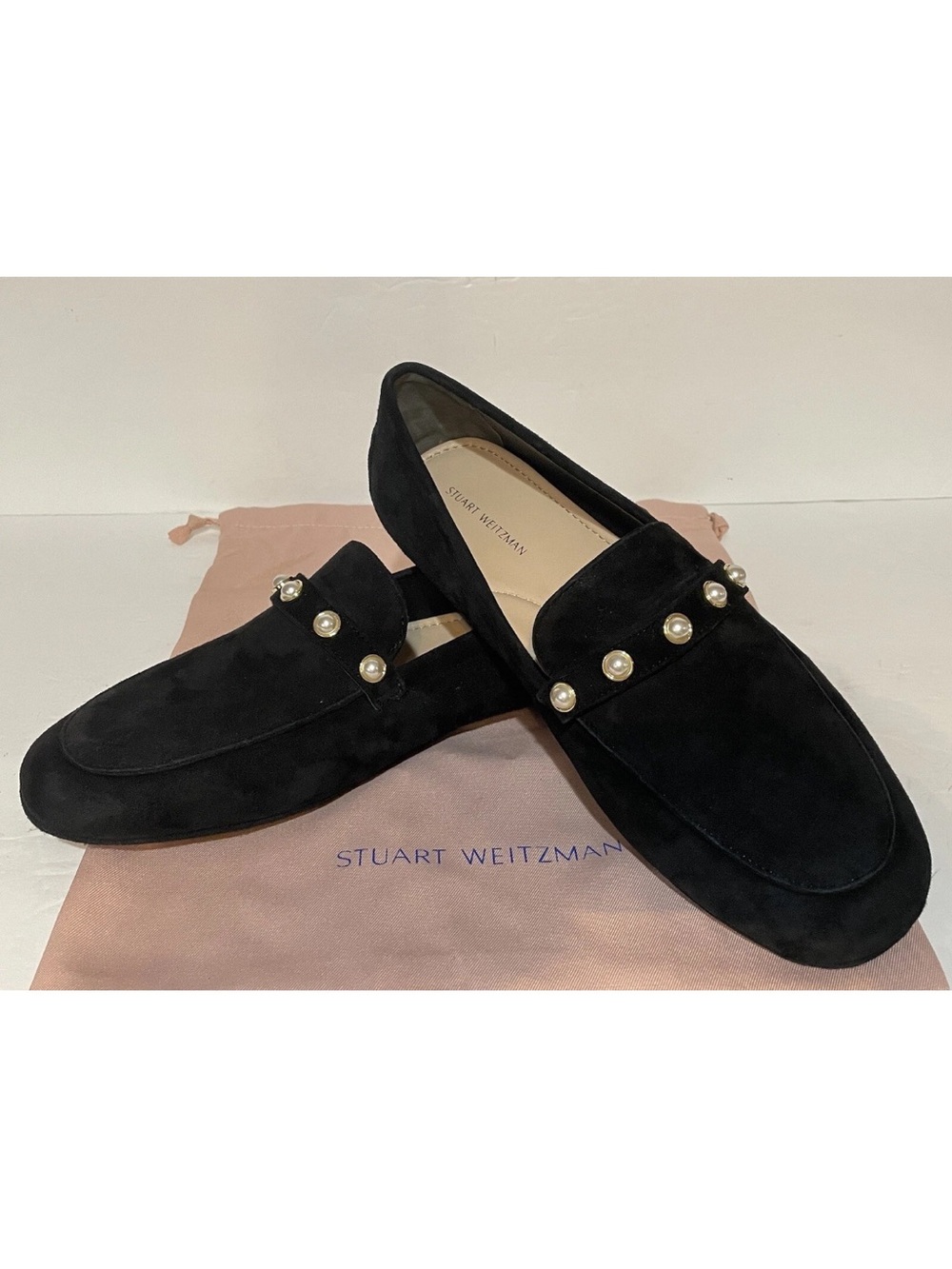 Stuart Weitzman Black Suede Loafers with Pearl Trim